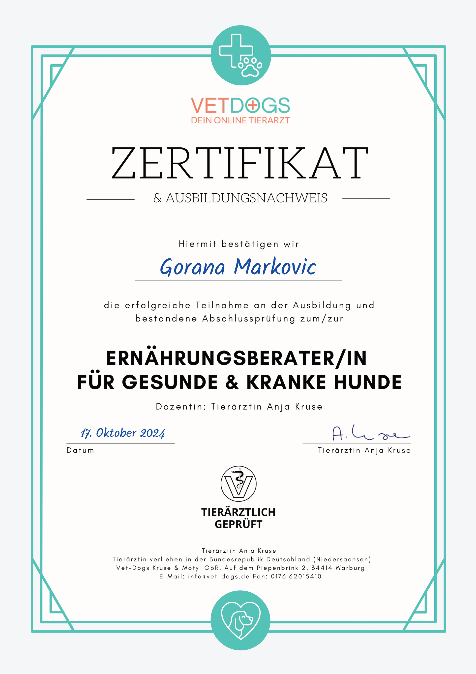 Zertifikat tierärztlich zertifizierte Ernährungsberaterin für Hunde – Futter-Fokus