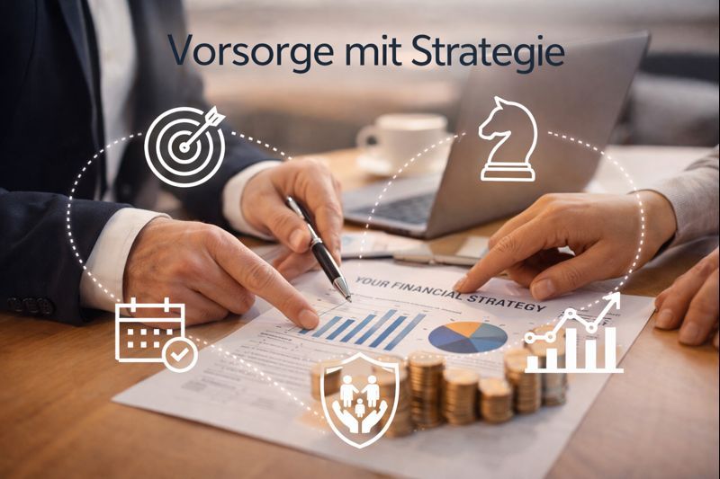 Zwei Personen prüfen Finanzdokumente mit Symbolen für Ziele, Strategie und Geld, die auf Finanzplanung hinweisen.