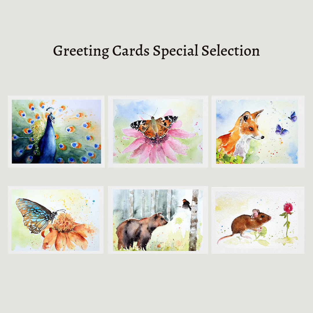 Greeting Cards Grusskarten Grußkarten Aqurelle Watercolor  Peacock Pfau Fox Fuchs Schmettterling Butterfly Baer Mouse Maus