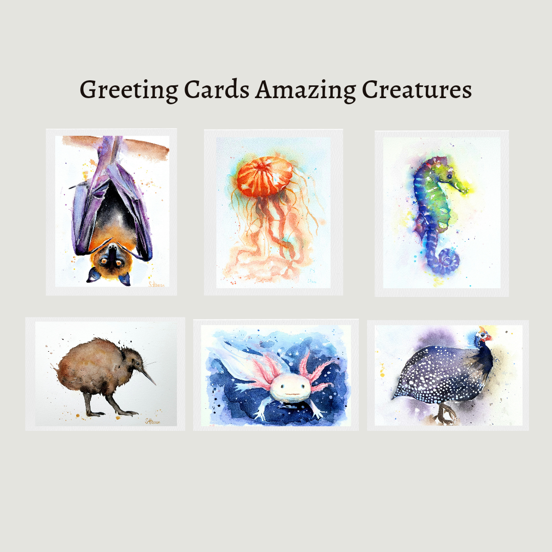 Briefkarten Aquarelle Tiere Fledermaus Qualle Seepferdchen Kiwi Axolotl Perlhuhn Jellyfisch Bat Seahorse