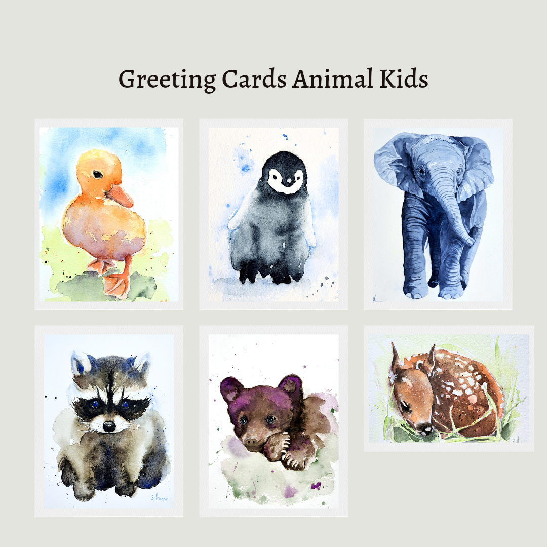 Grusskarten Greetingcards Racoon Elephant Fawn Babybaer Penguin Grußkarten Aquarelle Watercolor Küken Waschbärbaby Tierkinder Animal Kids Rehkitz