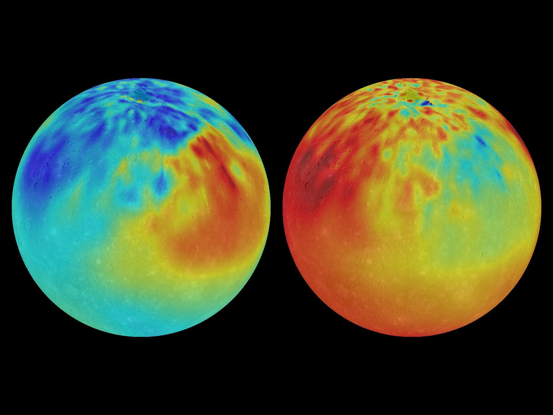 Spectrométrie de Mercure pour montrer la composition chimique de la surface. A gauche les concentrations (en rouge) de magnésium/silicium, à droite laluminium/silicium. NASA/Johns Hopkins University Applied Physics Laboratory/Carnegie Institution of Washington