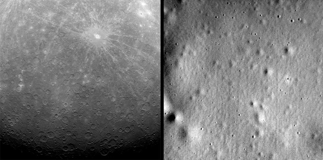 La première image prise par la sonde MESSENGER (29 avril 2011) et la dernière (30 avril 2015). Crédits NASA/Johns Hopkins University Applied Physics Laboratory/Carnegie Institution of Washington