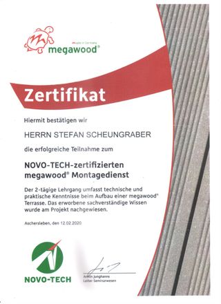 WPC Verleger Zertifikat 2020 von Megawood Novotech an Gartenbau Stefan Scheungraber dies war bereits die 3 Teilnahme der Fa. Scheungraber an einer Zertifizierung im bereich WPC Terrassen Produkte und Anwendungen