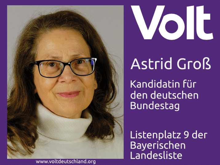 Foto der Bundestagskandidatin Astrid Groß mit Angabe des Listenplatzes und Webadresse von Volt Deutschland.