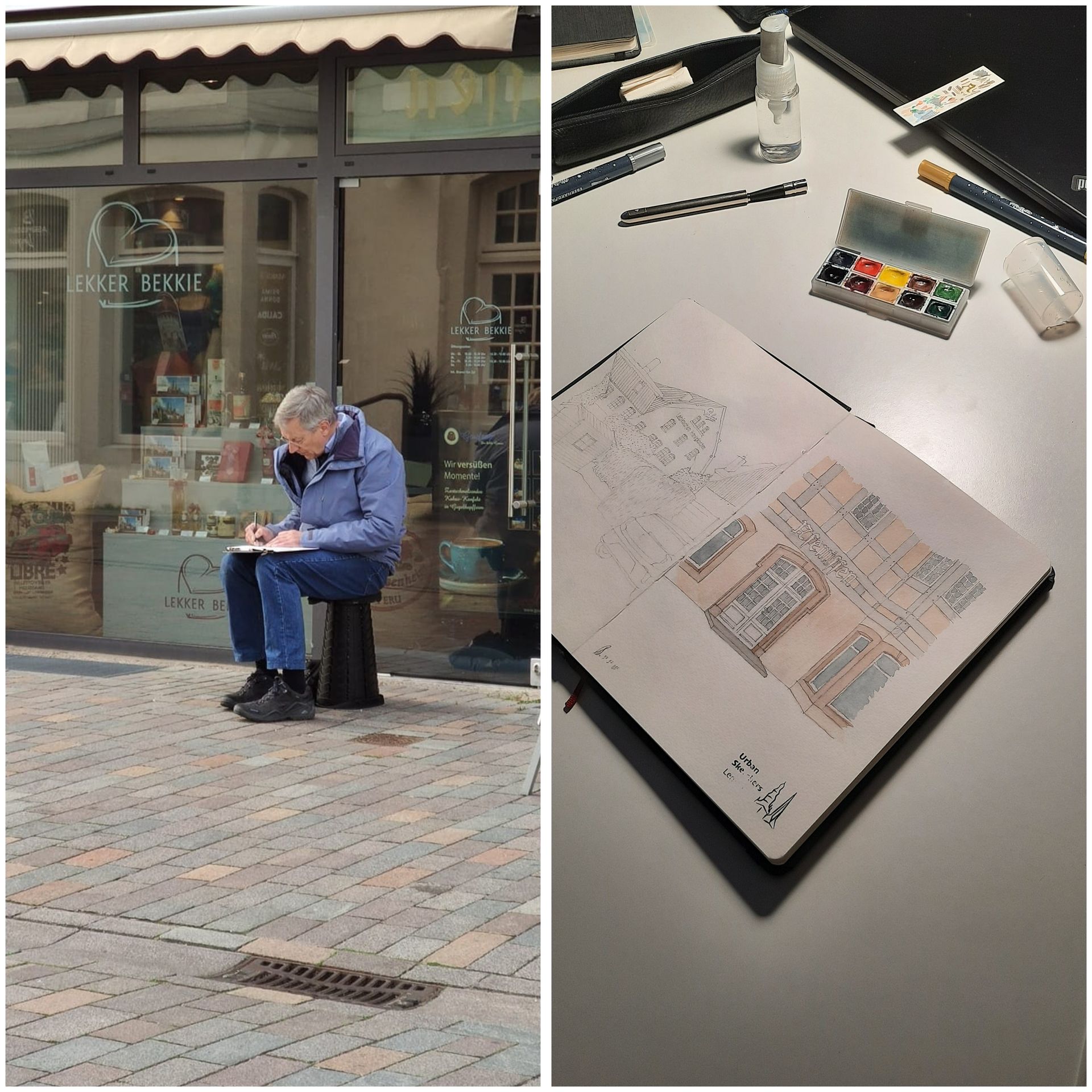 Zwei Bilder: Links sitze ich skizzierend auf einem Hocker. Rechts aufgeschlagenes Skizzenbuch mit Skizze und Zeichenmaterial