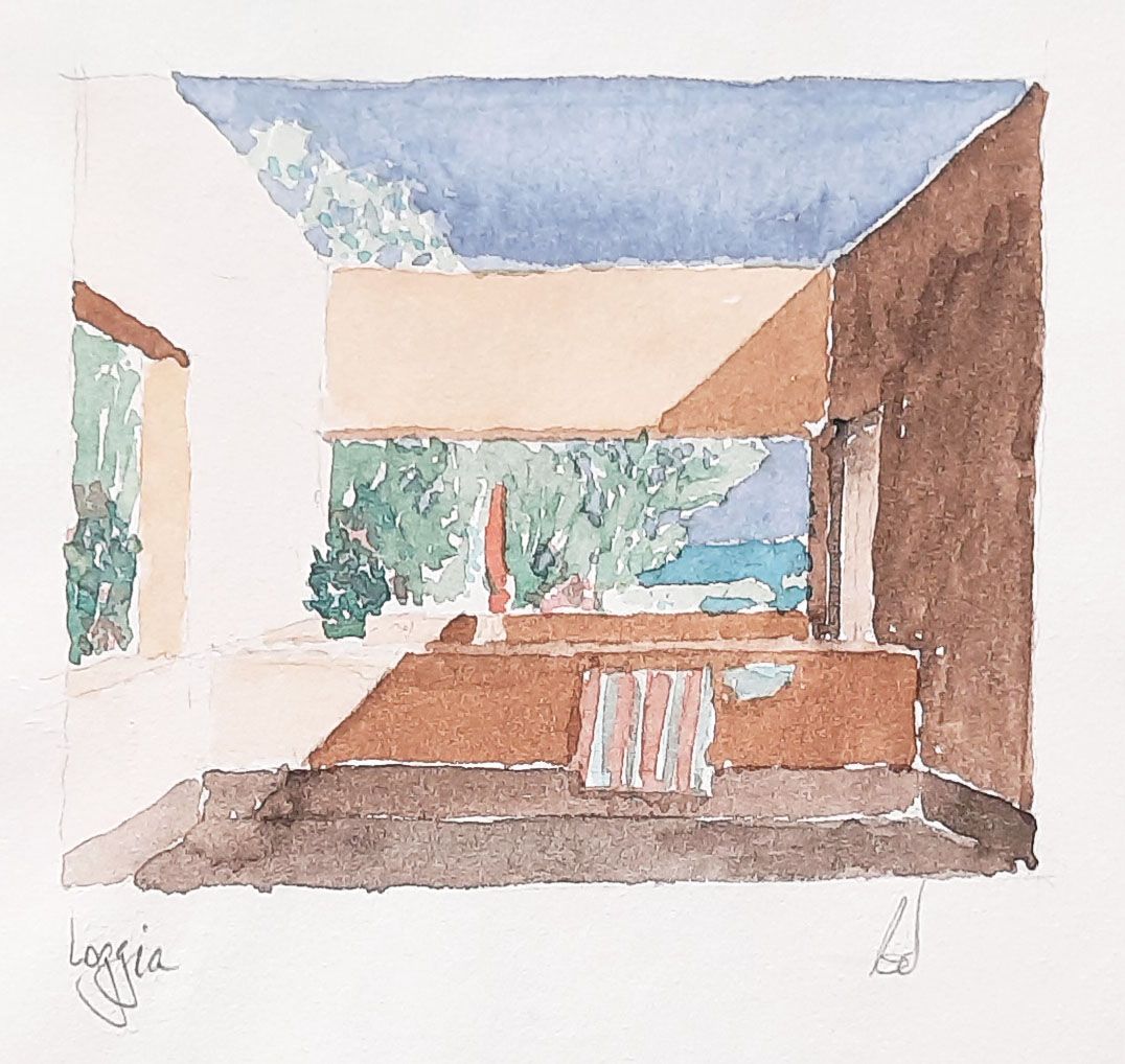 Aquarell einer Loggia vor dem Zimmer eines Hotels. Die Räumlichkeit entsteht durch die Darstellung von Licht und Schatten.