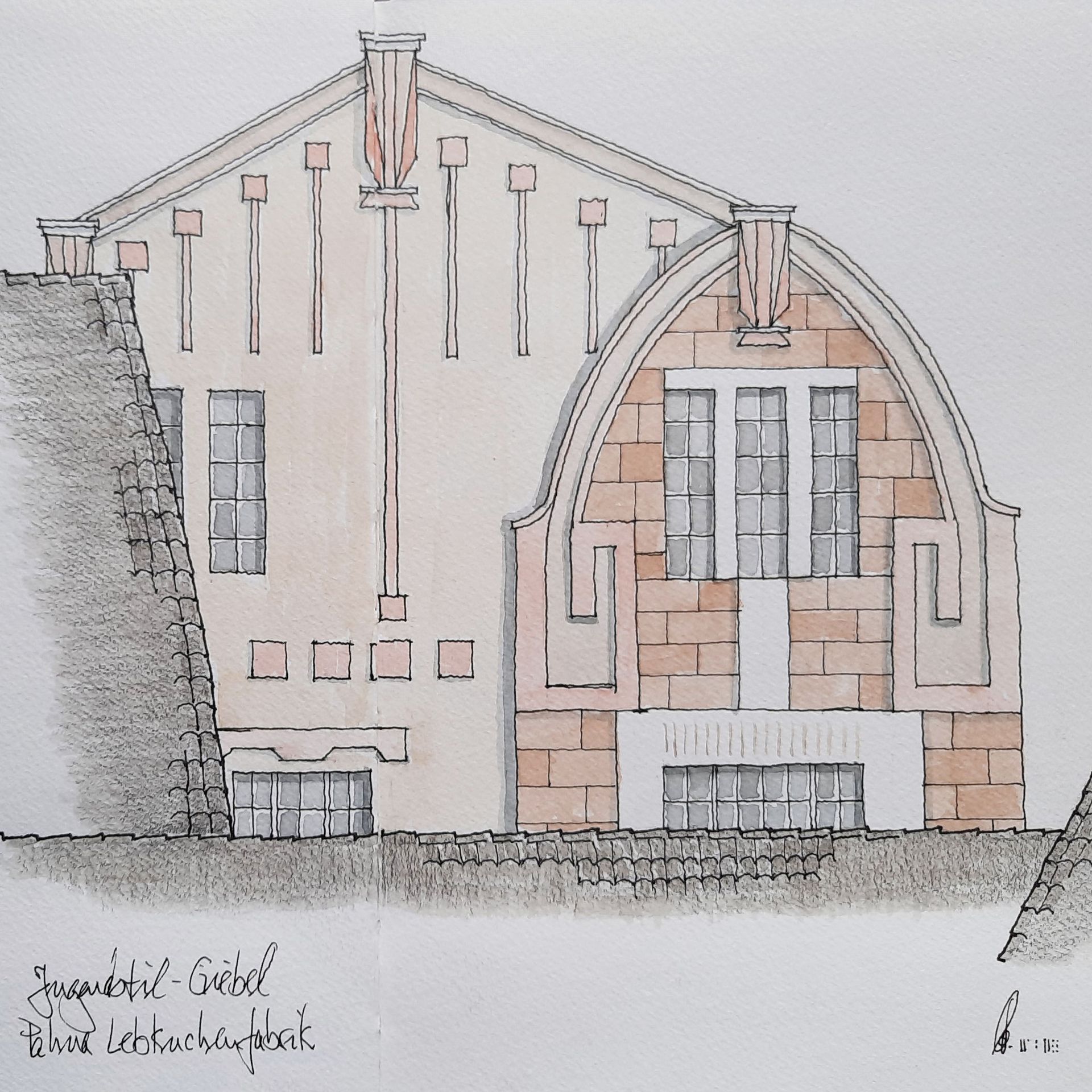 Aquarellbild einer Jugendstilfassade. Links ein sandfarbener Giebel mit Satteldach und rechts ein hervorspringender großer Erker mit gerundetem Giebel und Natursteinfassade.