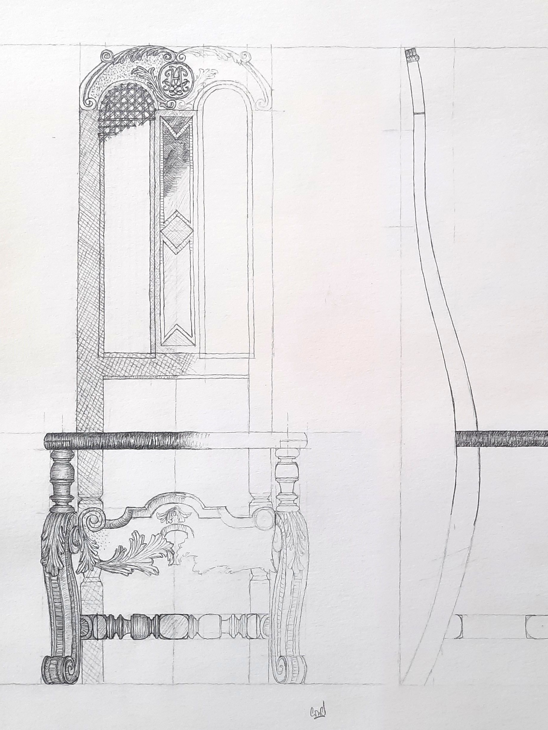 Bleistiftzeichnung eines Stuhls mit verzierten Stuhlbeinen und einer Bast-Bespannung der Lehne.