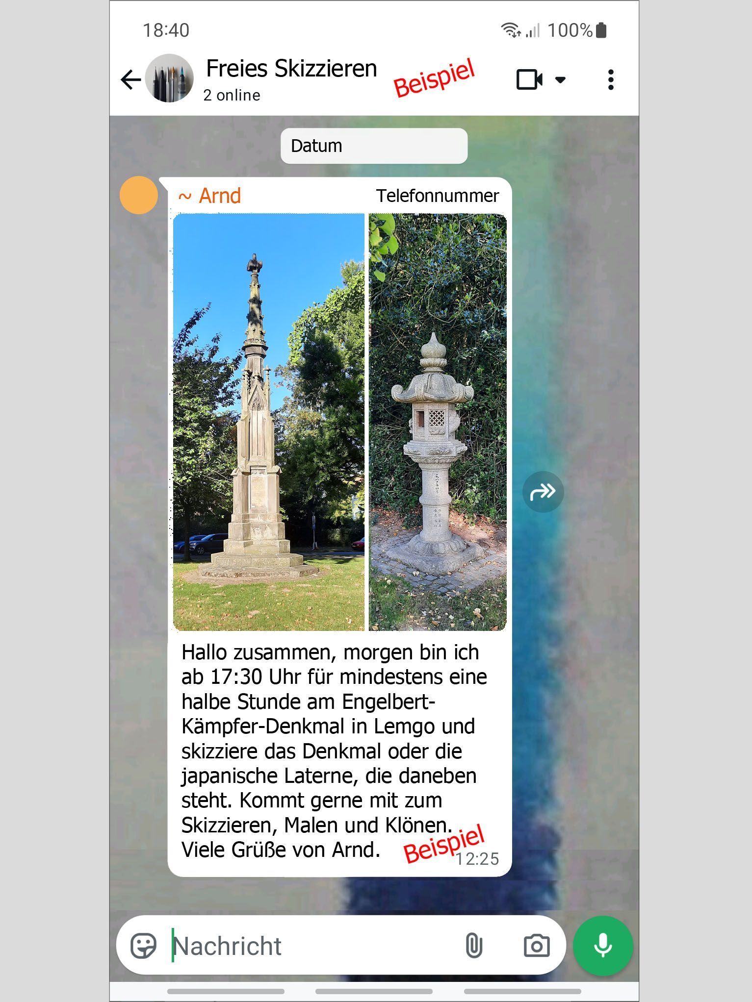 Screenshot einer bebilderten Einladung per WhatsApp. Dargestellt sind ein kleines Denkmal und eine japanische Laterne.