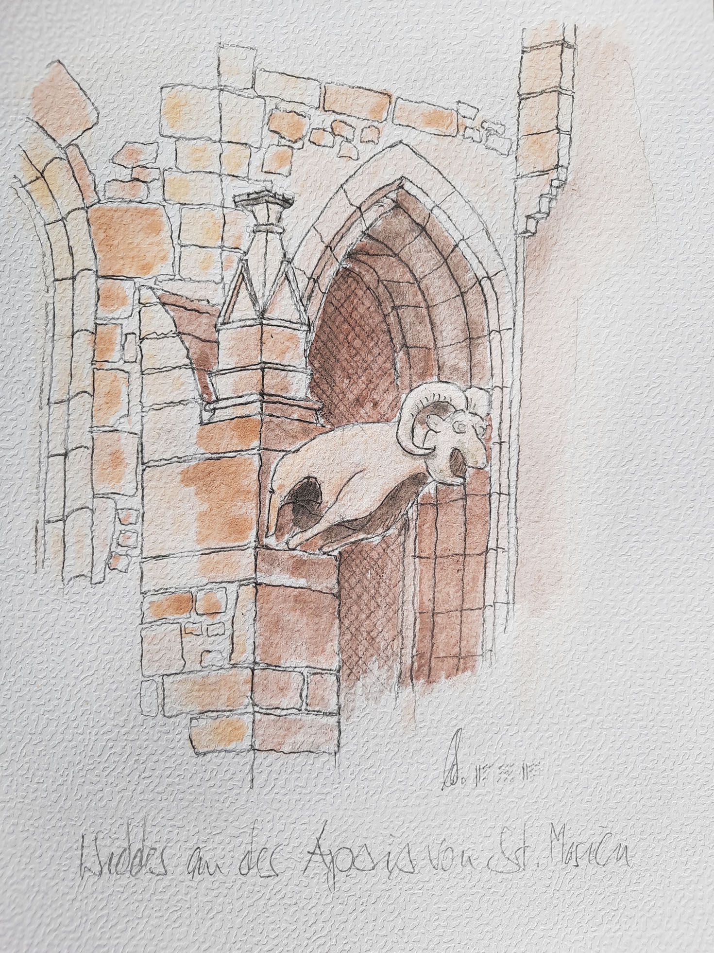 Mit Aquarellfarben kolorierte Bleistiftzeichnung . Ein Ausschnitt einer Kirchenfassade mit der Figur eines Widders.