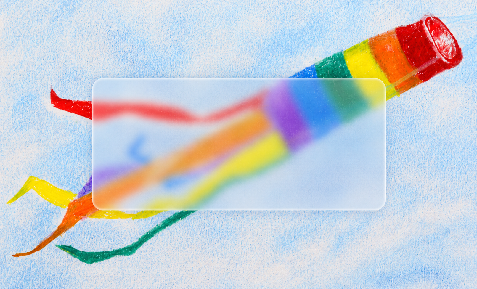 Buntstiftzeichnung eines Regenbogen-Windsacks mit bunten Bändern und einer breiten Milchglasscheibe im Querformat.
