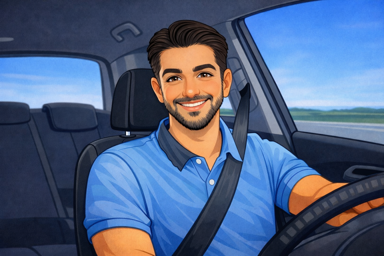 Eine lächelnde Person in einem blauen Poloshirt fährt Auto; das Bild zeigt sie von der Brust aufwärts, der Sicherheitsgurt ist angelegt.