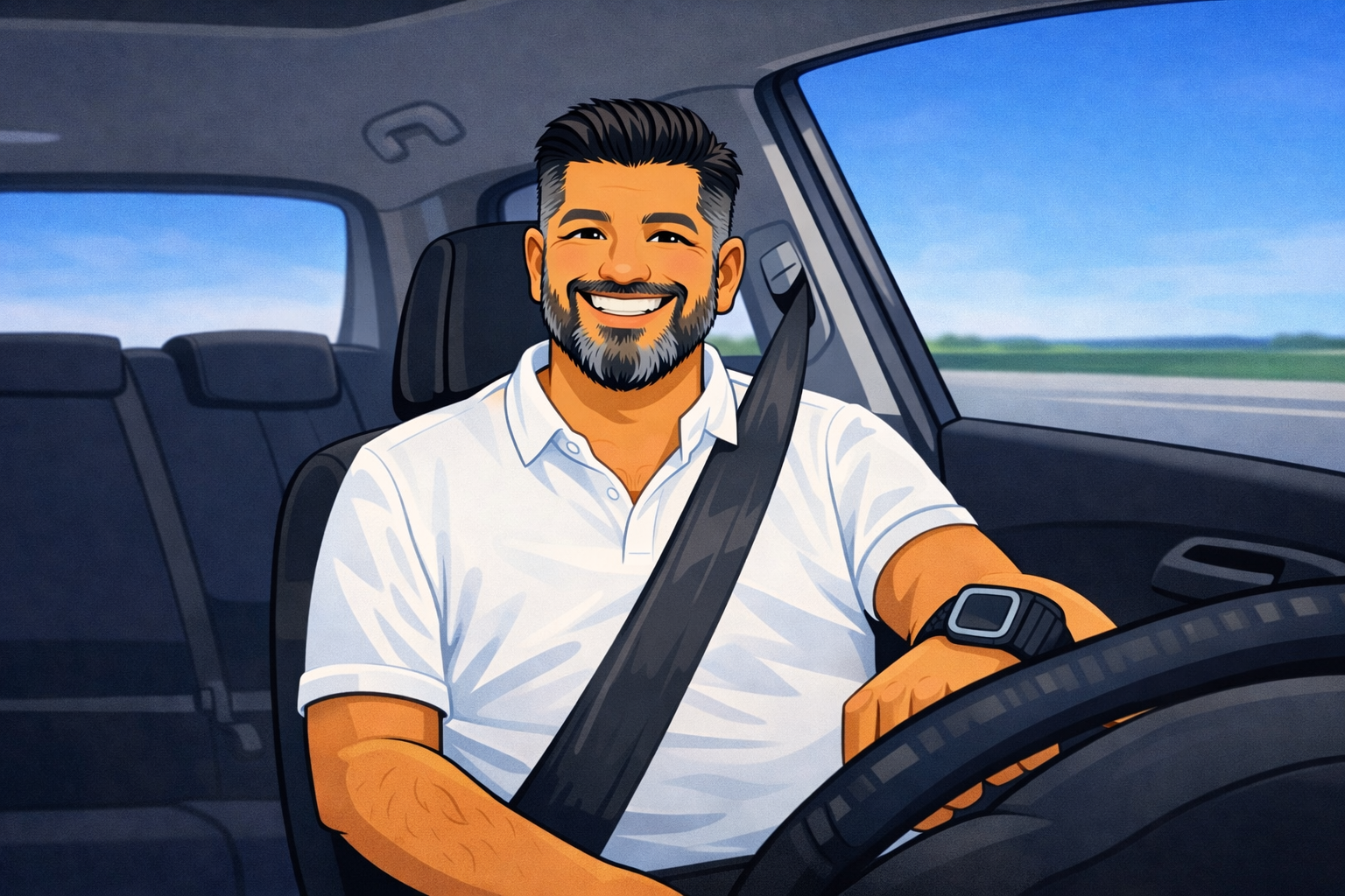 Eine lächelnde Person in einem weißen Poloshirt fährt angeschnallt Auto.