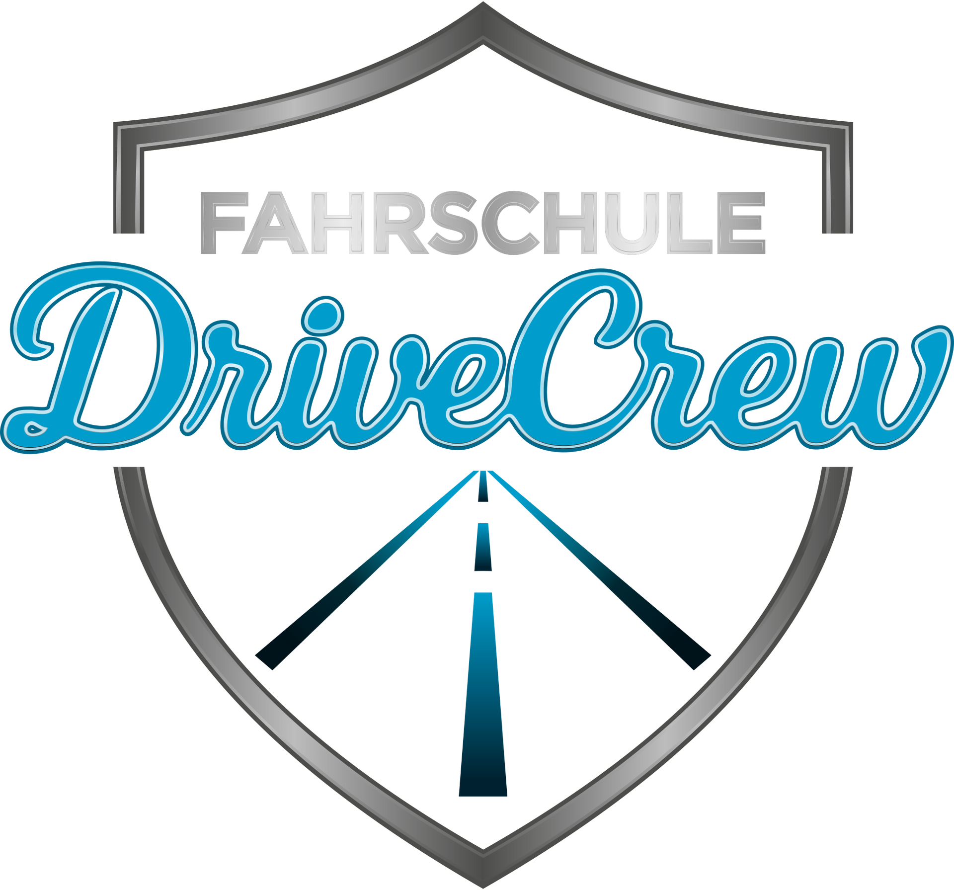 Logo für die Fahrschule DriveCrew mit einem blauen Schriftzug innerhalb eines grauen Schildes mit Straßengrafik.