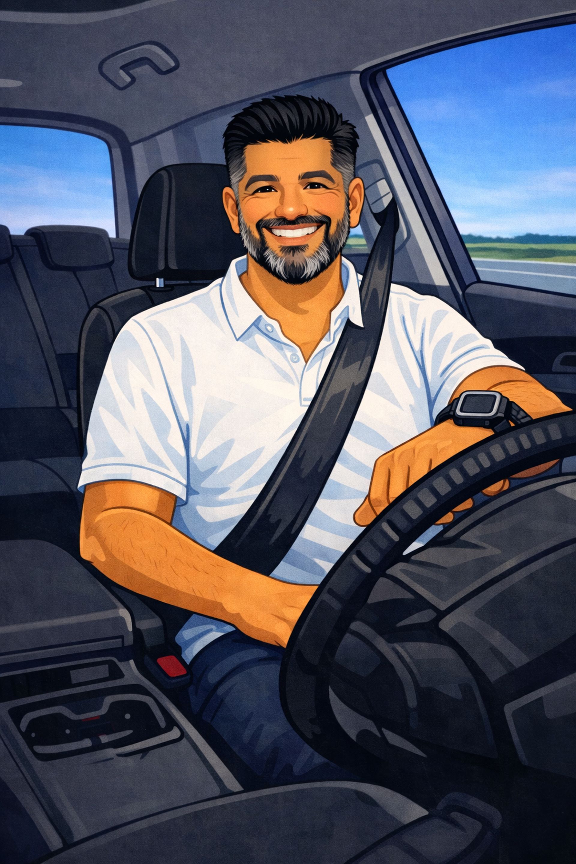 Eine lächelnde Person mit dunklen Haaren und Bart fährt Auto; sie trägt ein weißes Poloshirt und eine Armbanduhr.