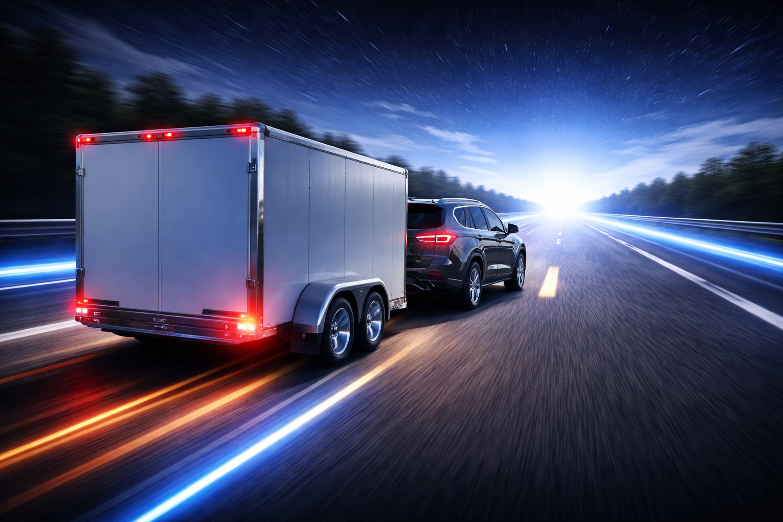 Ein dunkel lackierter Geländewagen, der einen weißen Kastenanhänger zieht, rast nachts über eine Autobahn; vor ihm sind verschwommene Lichter zu sehen.