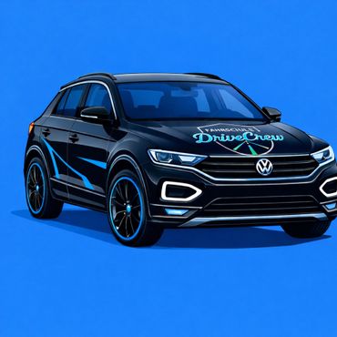 Ein schwarzer Volkswagen T-Roc mit blauen Aufklebern und dem 