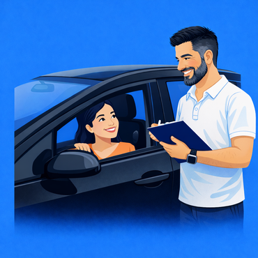 Eine Person mit einem Klemmbrett steht außerhalb eines Autos und unterhält sich mit einer Person auf dem Fahrersitz.