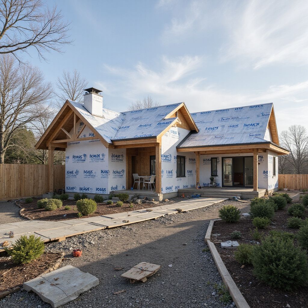 Im Bau befindliches Haus mit freiliegenden Holzbalken und Schutzummantelung; davor Weg.