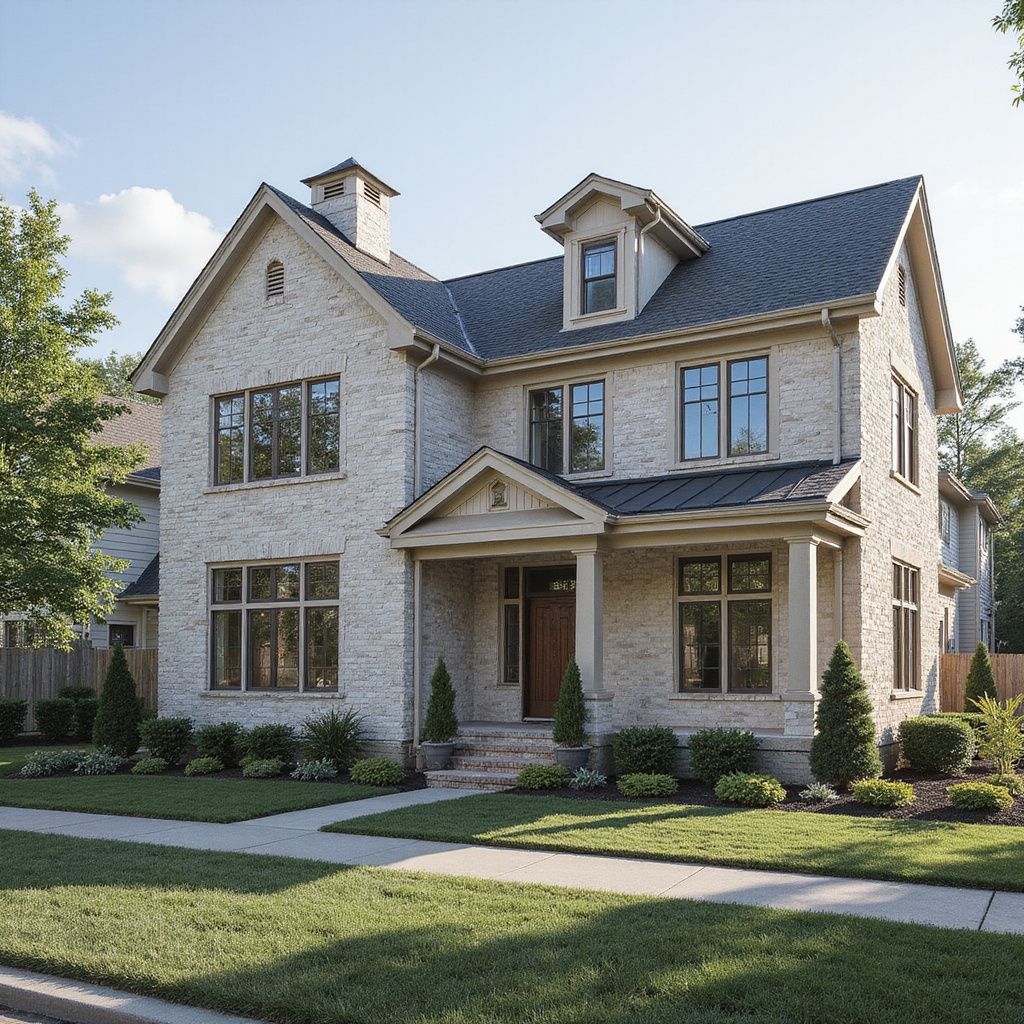 Zweistöckiges Backsteinhaus mit Veranda und angelegtem Garten an einem sonnigen Tag.