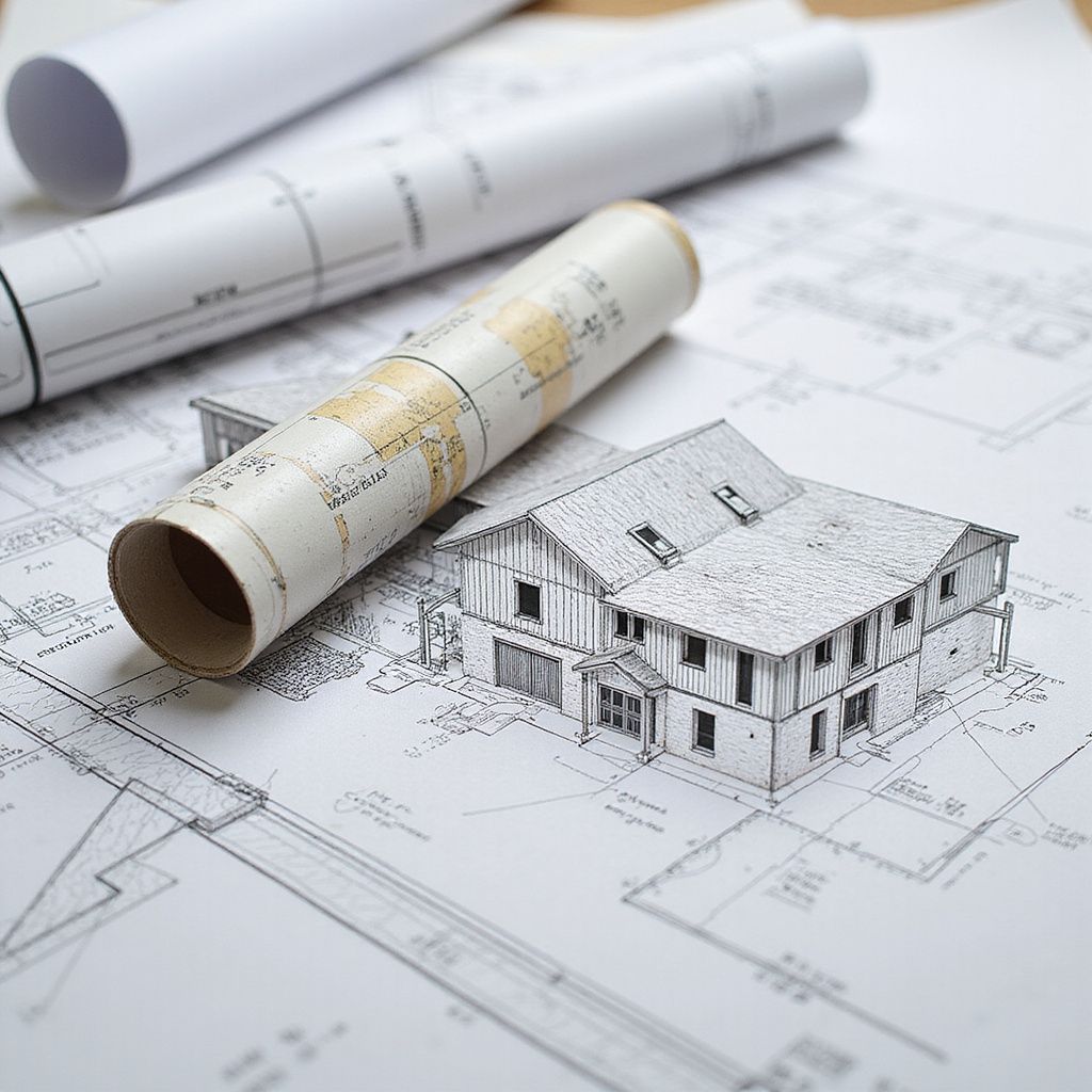 Architekturpläne mit einem Modellhaus und Rollplänen.
