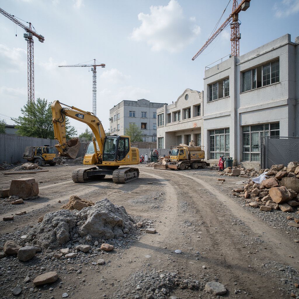 Baustelle mit gelbem Bagger, Gebäuden, Kränen und Schutt.
