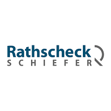 Logo für Rathscheck Schiefer: dunkelblauer Text mit grauem Text darunter und stilisiertem Bogen rechts.