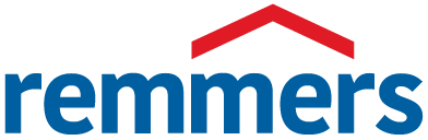 Remmers-Logo: Blaue Wortmarke unter einem roten dachförmigen Symbol.