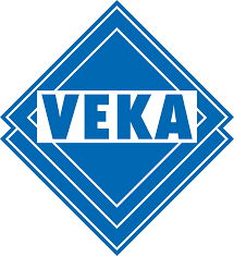Blaues VEKA-Logo in Rautenform. Weißer Text, blauer Hintergrund.