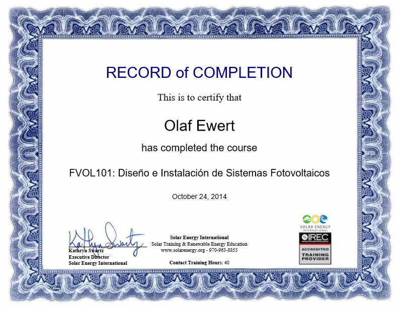 Certificado de la Organización de  Solar Energy en EE.UU.