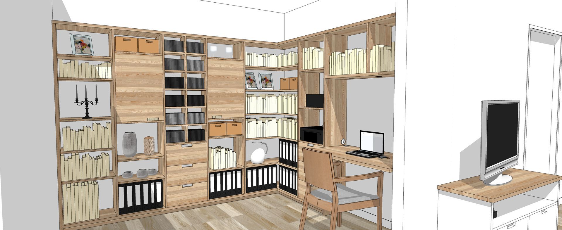 Modulares Regalsystem, integriertem Schreibtisch und LED-Beleuchtung für ein angenehmes Arbeitsklima und viel Stauraum.