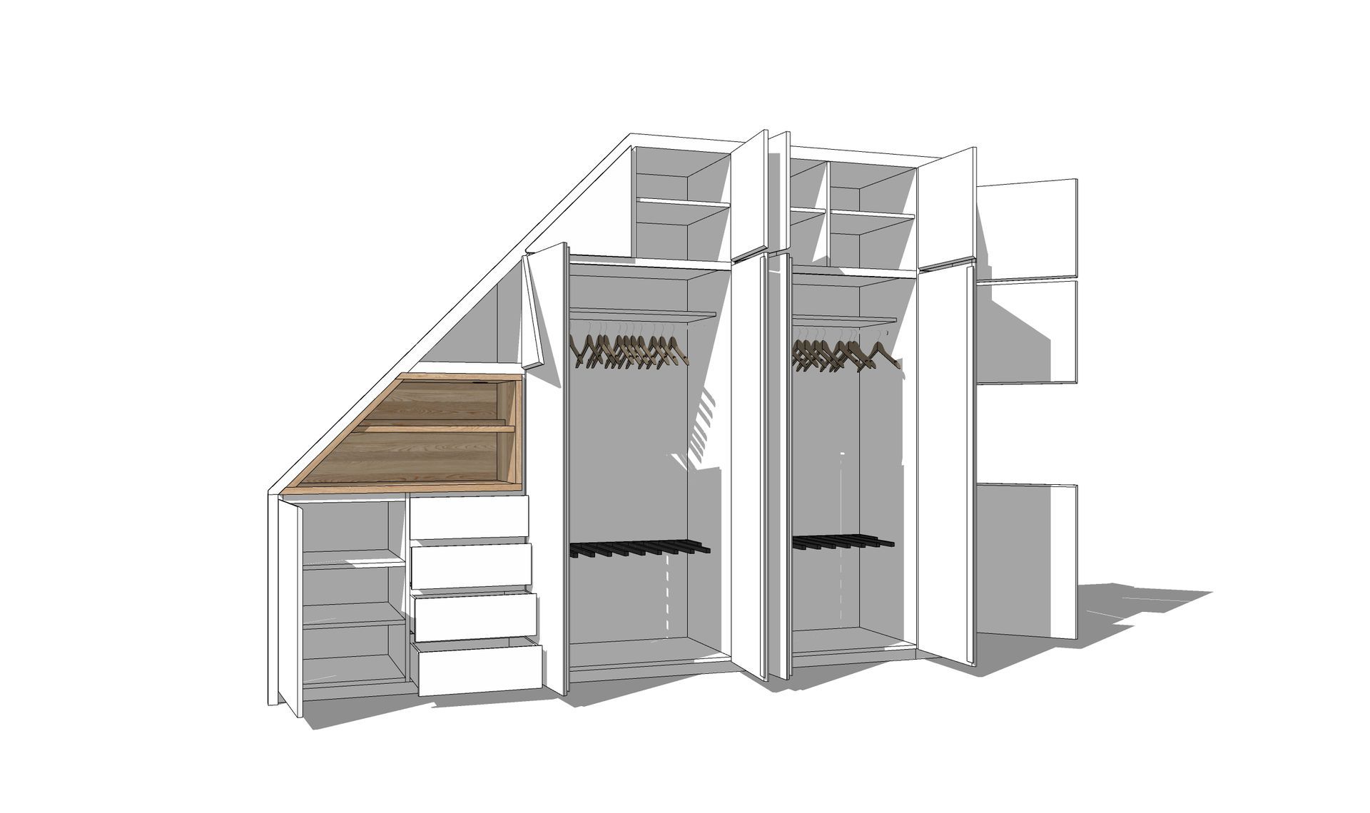weißer Einbauschrank unter Dachschräge, integrierte Holzregale mit indirekter Beleuchtung, Schrankwand, Stauraum