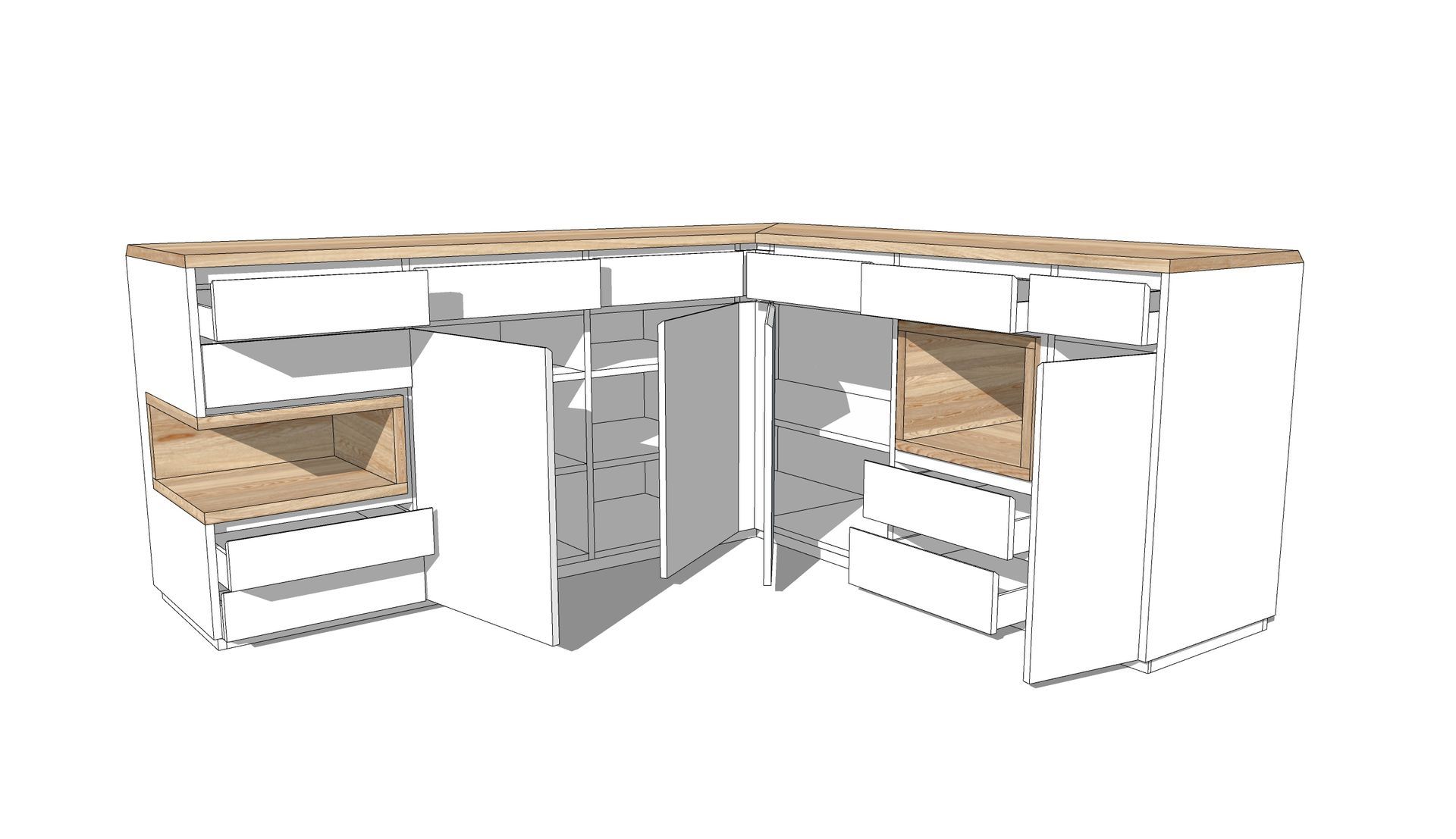 weißer Einbauschrank, Kommode, Türen, Schubladen, Holzplatte, maßgefertigt