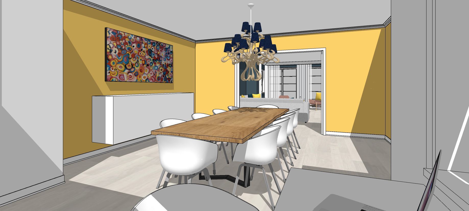 gelbe Akzentwand mit buntem Kunstgemälde über einem weißen hängenden Hochglanz Sideboard, Esstisch, Esszimmer, Hängeleuchte