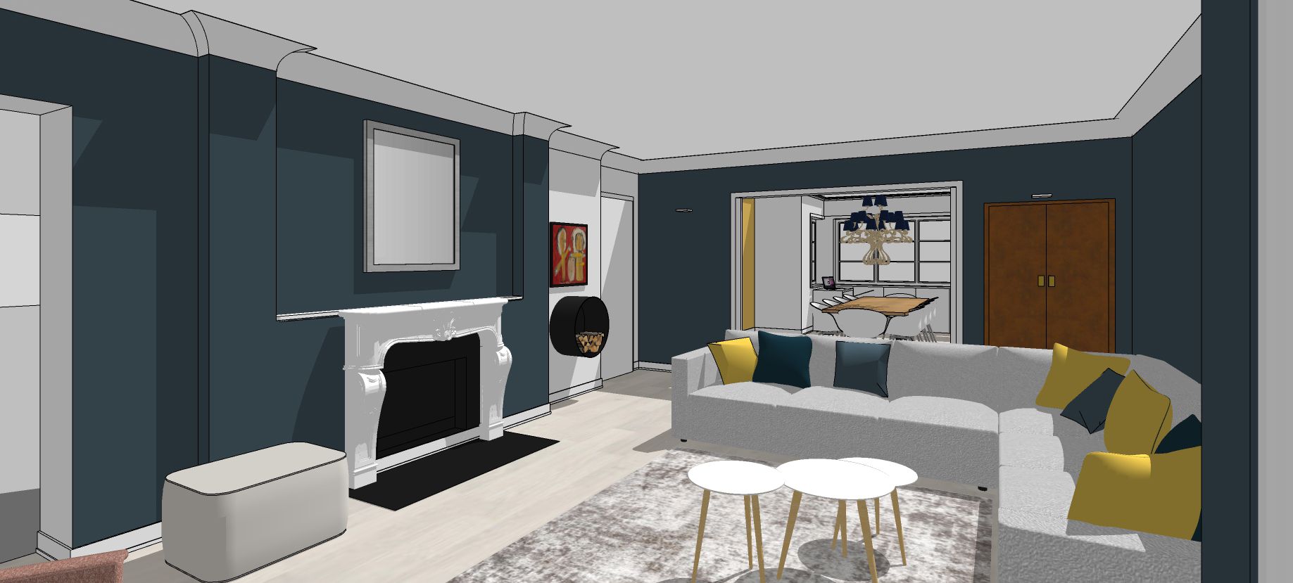 Wohnzimmer, Kamin, Sofaecke, dunkelblaue Wände, Farbberatung, Malerarbeiten