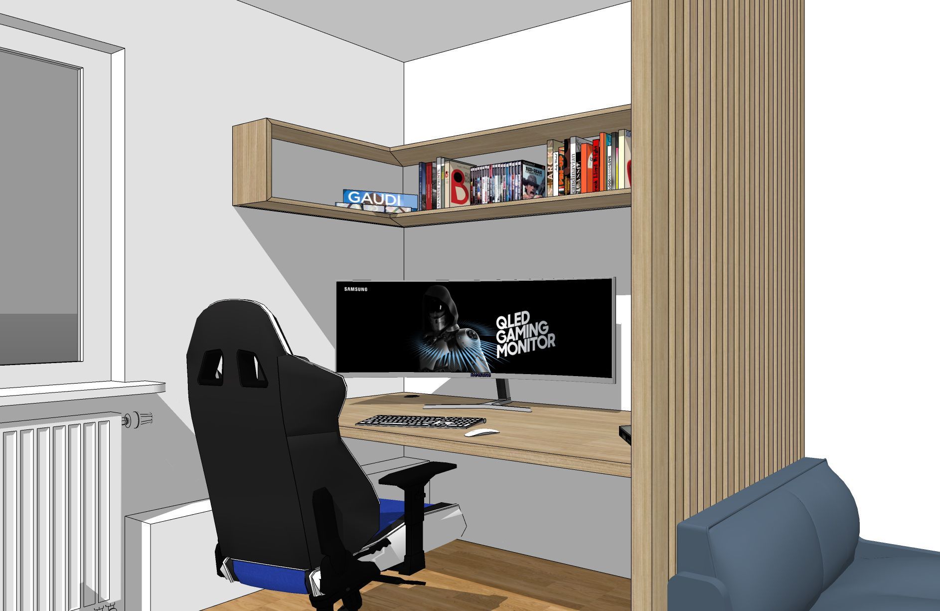 Jugendzimmer, maßgefertigter Schreibtisch mit angrenzendem Raumtrenner aus Holzlamellen, Maßgefertigtes Wandregal über Eck