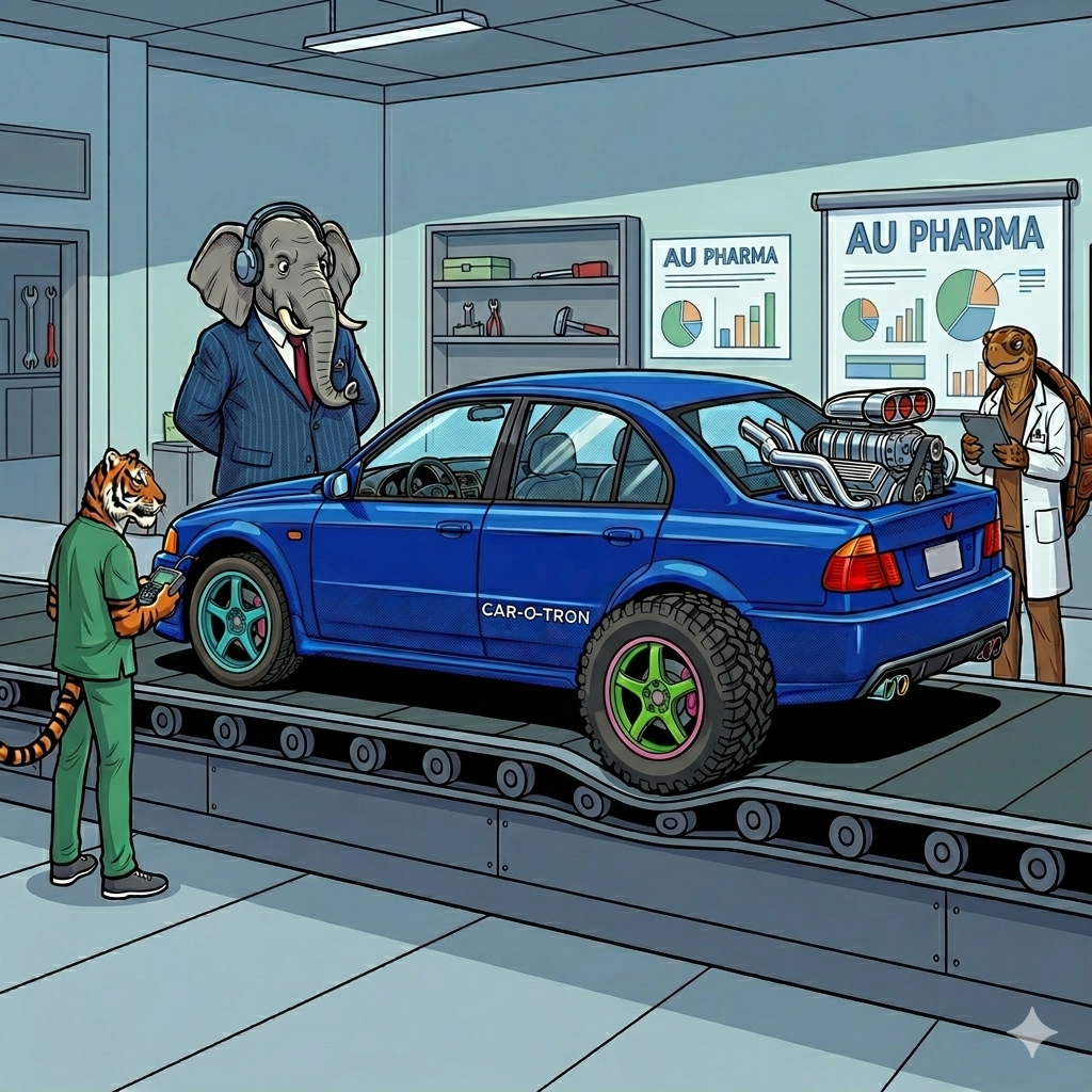 tiger, Schildkröte und Elefant bauen ein unmögliches auto