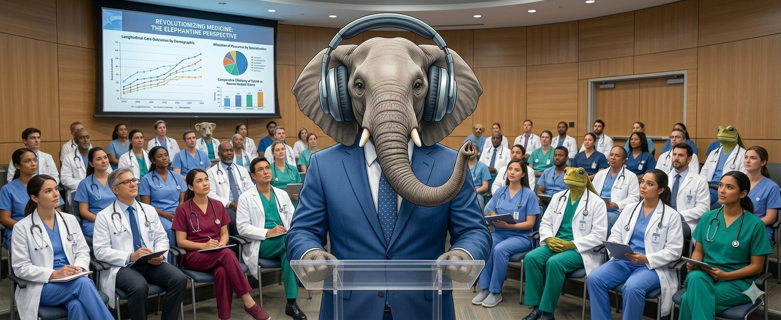 Der Elefant hält eine Rede vor Ärztinnen, Ärzten und Pflegenden