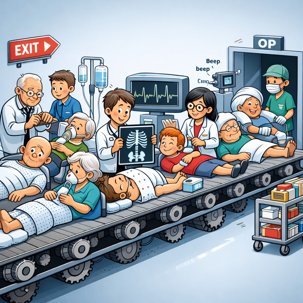 Ärzte operieren Kranke auf einem Fließband