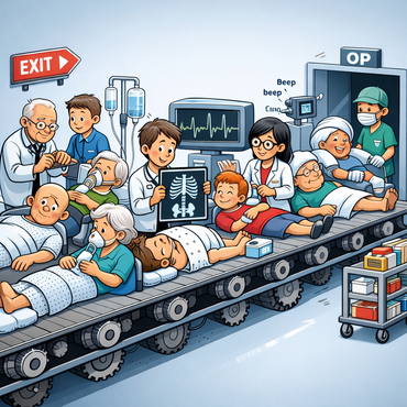 Ärztinnen und Ärzte operieren Kranke auf einem Fließband