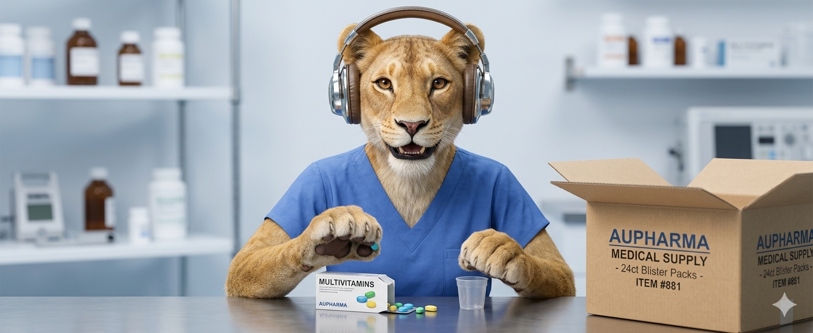 Die Tigerin sitzt am Schreibtisch und sortiert Medikamente