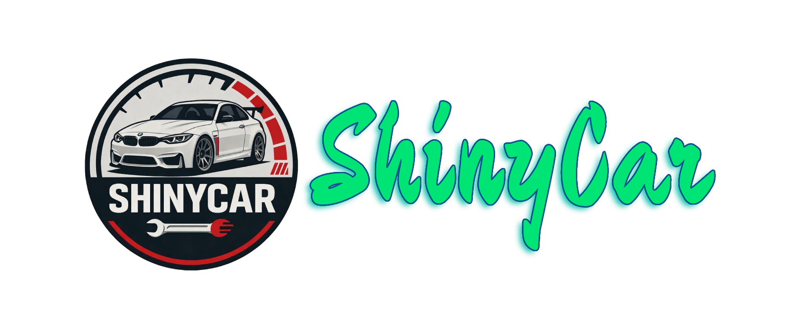 ShinyCar-Logo: kreisförmiges Emblem mit einem Auto und einem Schraubenschlüssel, grüner Schriftzug „ShinyCar“.
