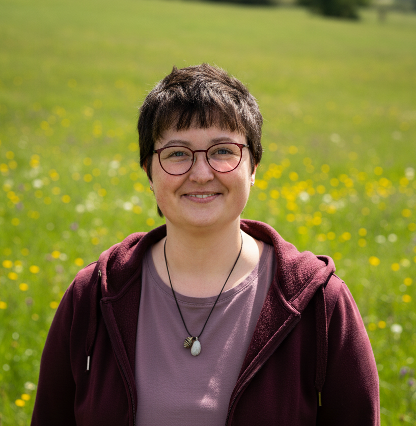Eine Frau mit Brille lächelt im Freien; sie trägt eine weinrote Kapuzenjacke. Im Hintergrund sind grüne und gelbe Blumen zu sehen.