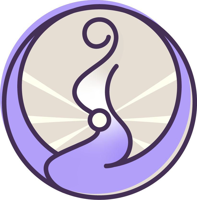 Renate und Sabine Violettes Emblem mit einer stilisierten Figur, einem Kreis und Lichtstrahlen, das Frieden oder Wohlbefinden symbolisiert.