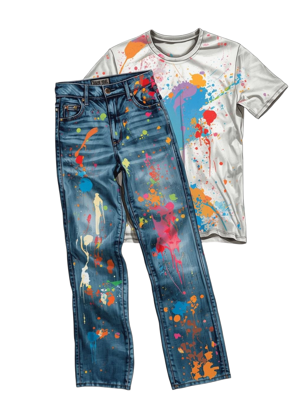 Illustration Hose und shirt mit Farbkleksen. Illustrationen und Grafiken auf dieser Webseite wurden teilweise mit Unterstützung von KI-Tools (Canva Magic Media) erstellt.