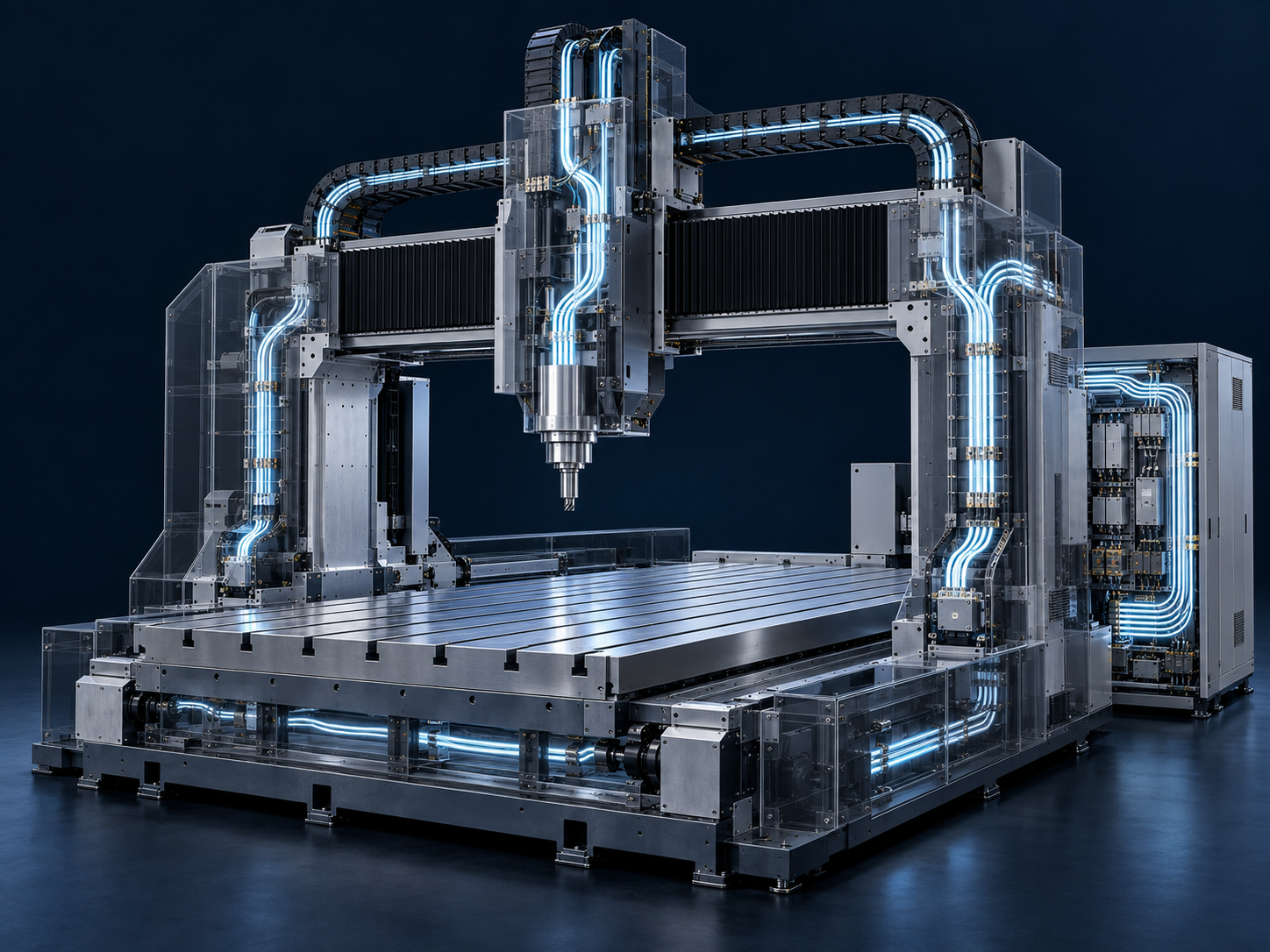 Portalfräsmaschine mit leuchtend dargestellten Kabelwegen
