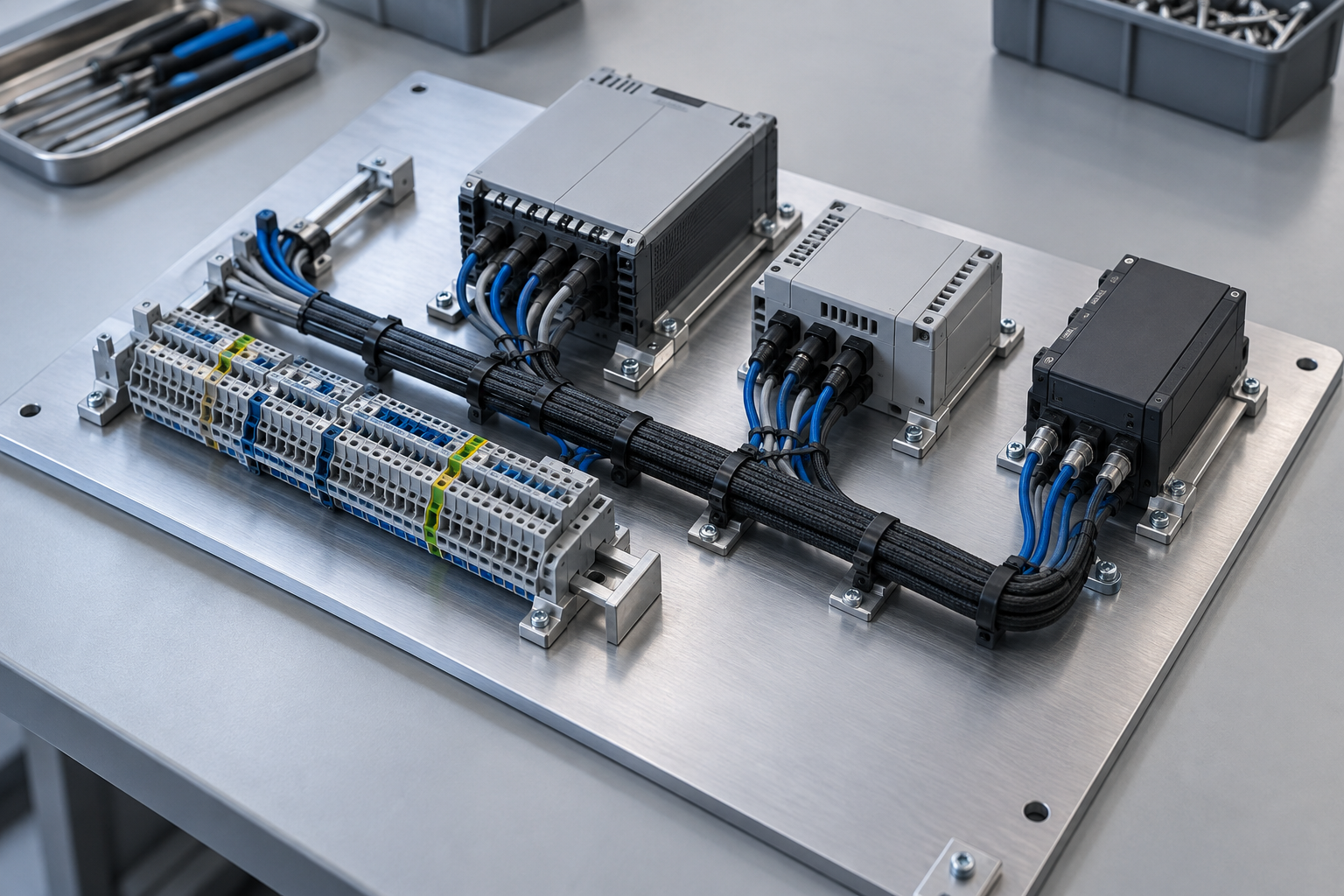 Illustrative elektrische Baugruppe mit geordneter Verdrahtung auf einer Montageplatte
