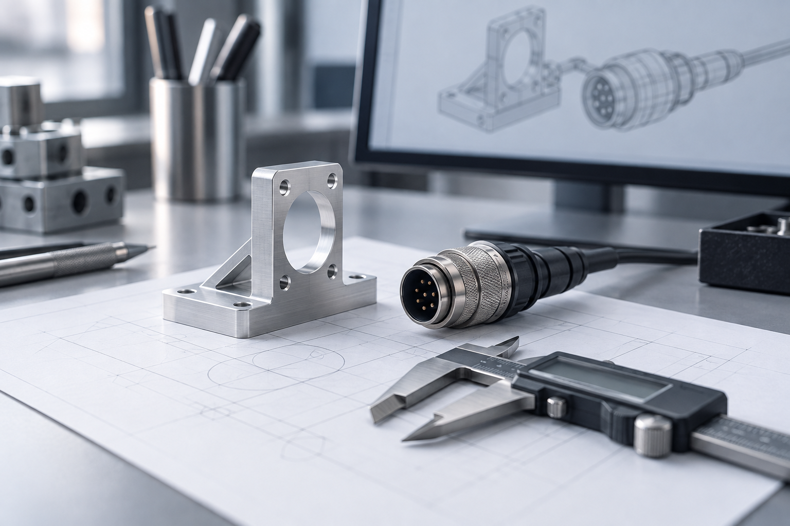Illustration von Konstruktionsplanung mit Bauteil, Steckverbinder und CAD-Ansicht