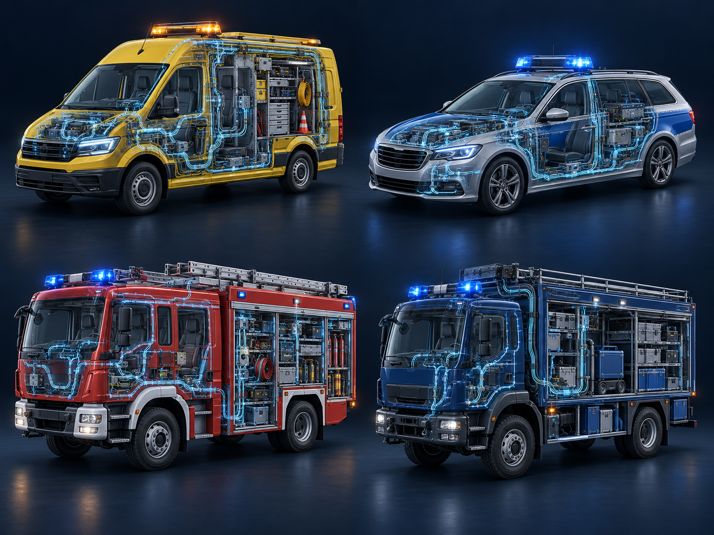 Service-, Polizei-, Feuerwehr- und Katastrophenschutzfahrzeuge mit leuchtenden Kabelwegen als technische Illustration